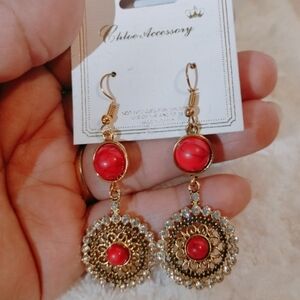 Vintage red and gold earrings / Long floral earrings / Long bohemian earring.